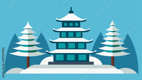 Snowy pagoda in winter forest