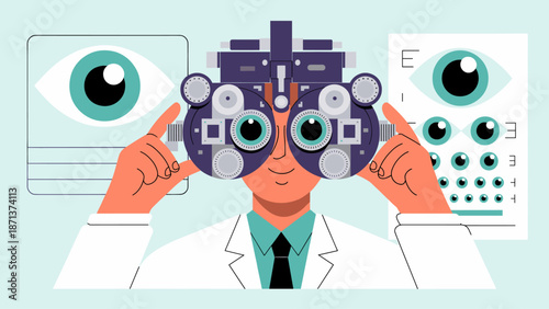 optometrist using a phoropter for an eye exam flat vector illustration