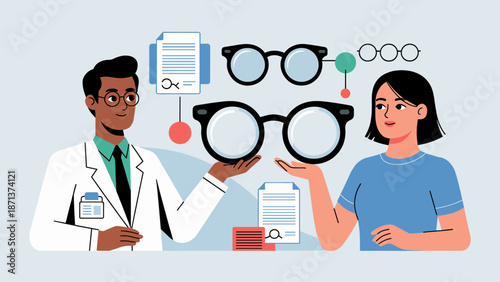 optometrist helping a patient choose eyeglasses flat vector illustration
