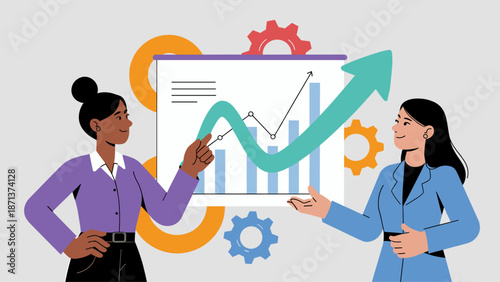 businesswomen analyzing a growth chart flat vector illustration