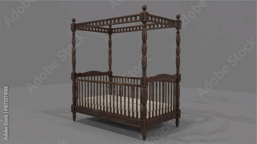 four poster wooden baby cot with cream mattress