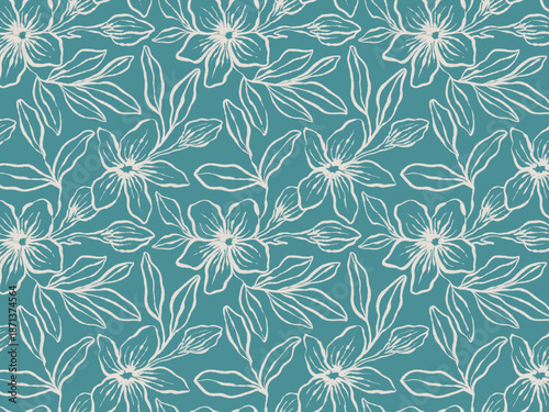 Seamless Hand Drawn White Floral Line Art Pattern on Teal Background