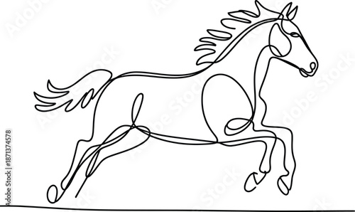 Black and white continuous line of a galloping horse