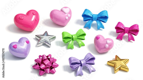 Collection of colorful hearts, bows, and stars arranged on a white background