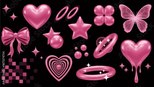 Collection of pink icons and symbols on a black background