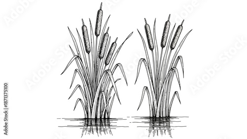 Illustration of cattails standing in calm water, viewed from the side