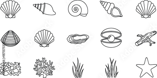 A collection of simple black and white illustrations of marine life and ocean elements