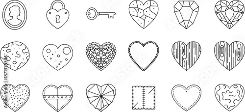 A set of diverse heart-shaped icons and symbols representing love and emotions