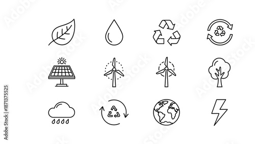 Collection of eco-friendly icons representing sustainability and environmental conservation
