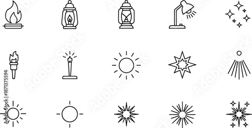 Collection of simple line icons representing various natural and artificial light sources and symbols