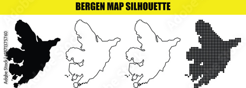 Bergen map silhouette norway highly detailed coastal city outline graphic set four diverse stylistic variations ideal for visual assets