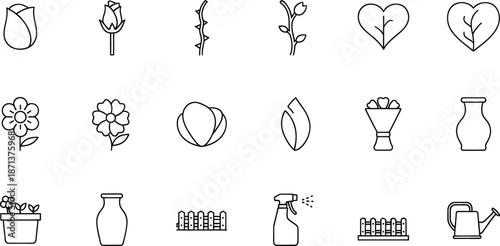 A collection of black and white line icons representing flowers, plants, and gardening tools