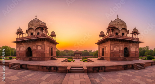 The royal cenotaphs of historic rulers, also known as Jaisalmer Chhatris, at Bada Bagh in Jaisalmer, Rajasthan, India. Cenotaphs made of yellow sandstone at sunset