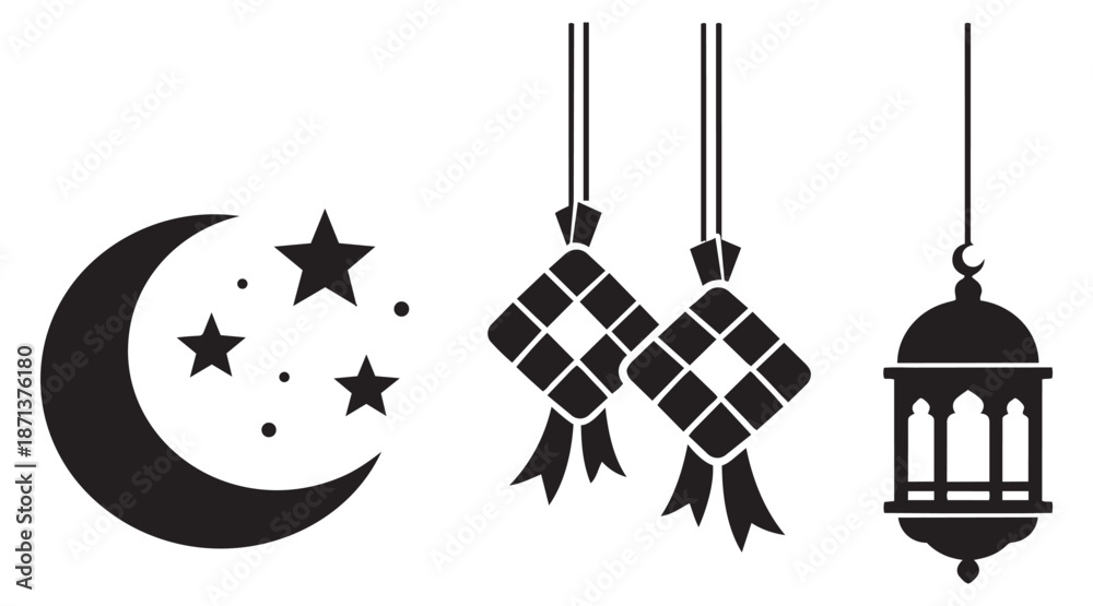 Fototapeta premium Graphic icon set featuring a crescent moon, stars, ketupat, and a lantern for Islamic holidays