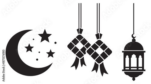 Graphic icon set featuring a crescent moon, stars, ketupat, and a lantern for Islamic holidays