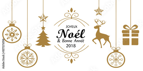 Gold Christmas Holiday Greeting Card with Ornaments Reindeer and Merry Text 2018