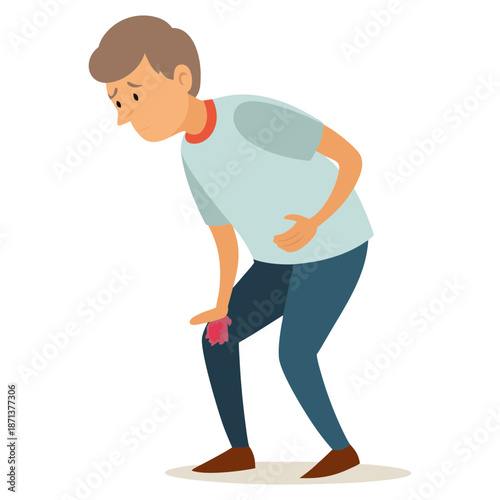 Vector art illustration of a middle-aged man suffering from knee pain