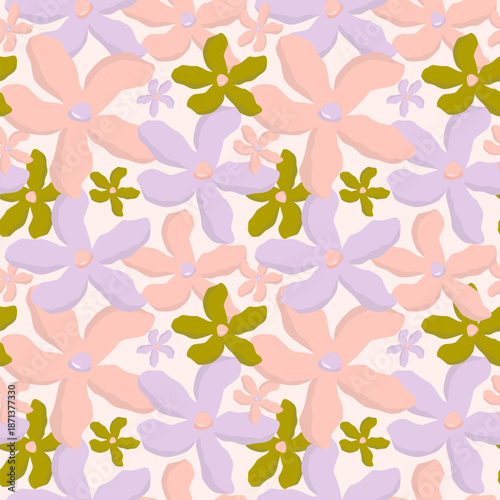 Seamless vector pattern with layered purple and peach blooms. Vibrant botanical art symbolizing youthful energy, playful spring, diverse growth, and joyful abundance.