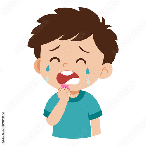 Vector art illustration of a boy suffering from toothache