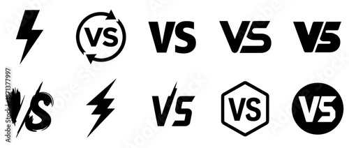 Battle vs icon set featuring letters, duel symbols, and competition graphics for games, sports, esports, digital interfaces, posters, branding, and competitive design projects.