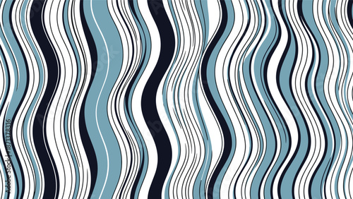 Seamless abstract pattern with vertical wavy stripes in shades of blue, black, and white, creating a modern and fluid background.
