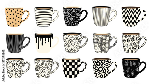 Collection of fifteen decorative coffee mugs, each with a unique hand-drawn black, white, and beige pattern on a white background.