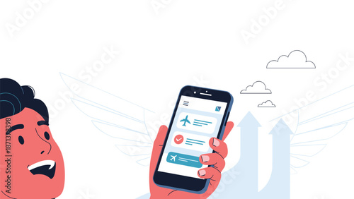 Excited man looking at a flight booking application on his smartphone, with wings and arrows symbolizing travel and vacation.