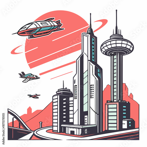 Futuristic cityscape with flying vehicles