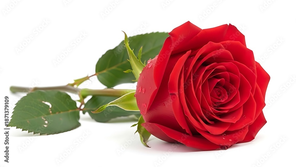 Naklejka premium A single red rose with green leaves on a white background