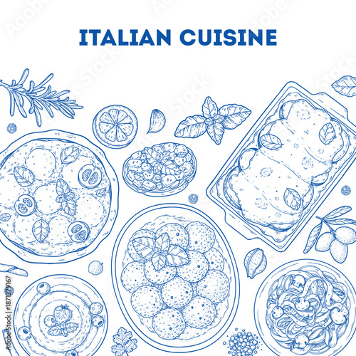 Italian cuisine. Italian food top view. Vector drawing illustration. Set of sketches of Italian dishes. Food menu design template. Not AI generated.