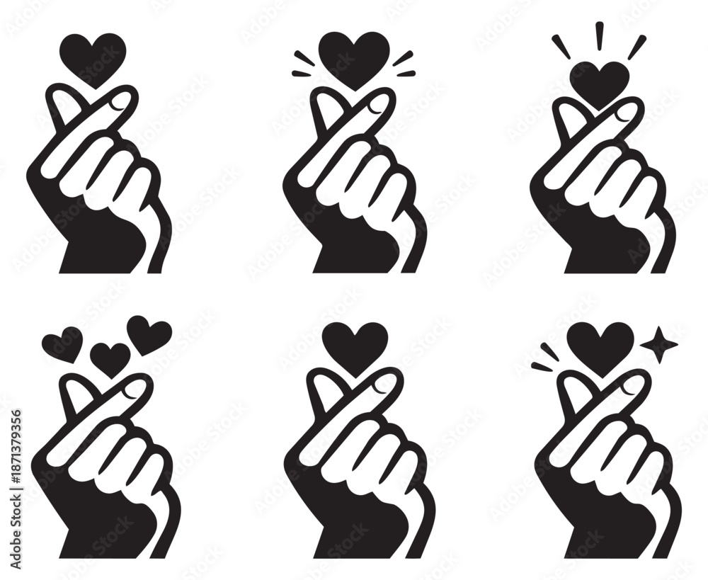 Fototapeta premium Modern clip art love icons set featuring korean finger heart gestures for expressing love and affection