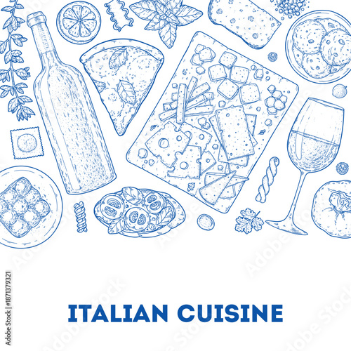 Italian cuisine. Italian food top view. Vector drawing illustration. Set of sketches of Italian dishes. Food menu design template. Not AI generated.