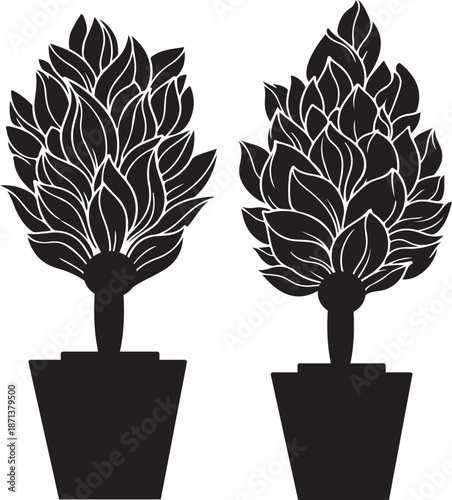 Elegant black silhouette vector illustration of potted topiary plants, a minimalist graphic design element perfect for nature-inspired decor