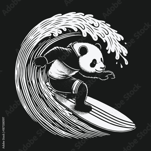 Panda Surfing a Wave: A Black and White Illustration.