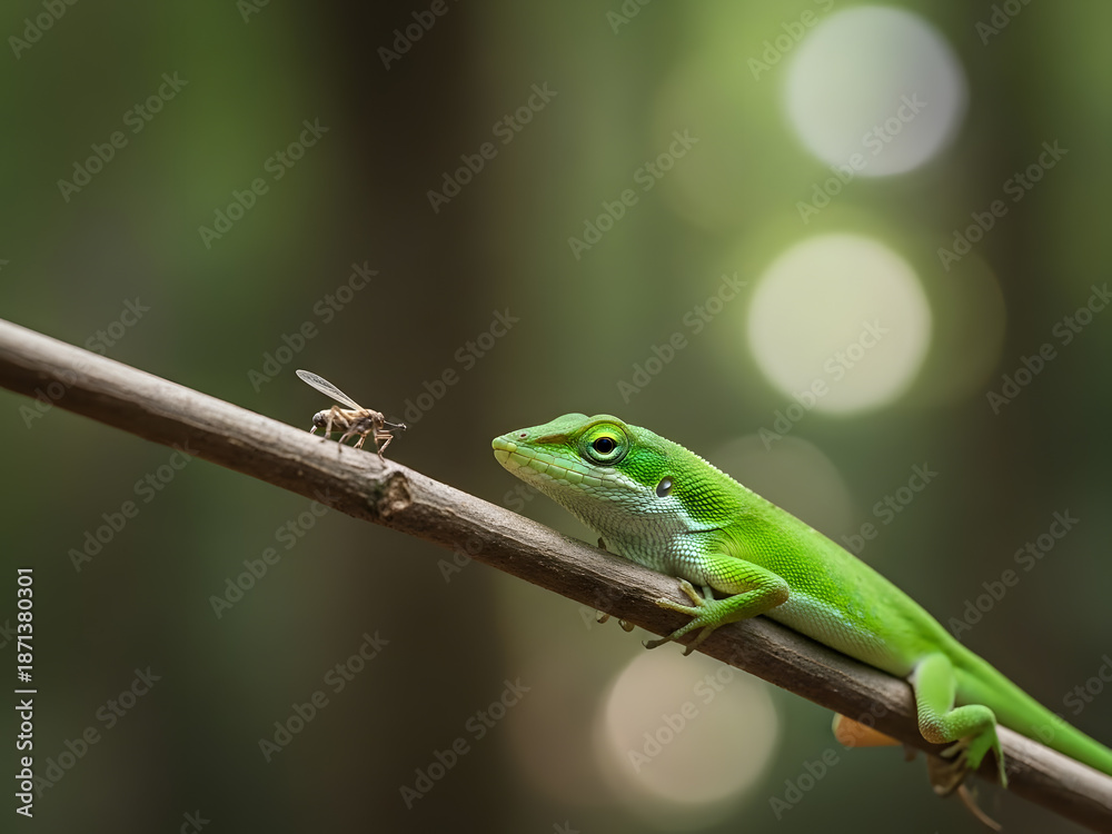 Fototapeta premium Green Lizard Watching a Fly on a Branch in Nature