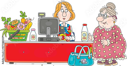 Girl cashier in uniform at her desk with a cash register and a shopping basket of an elderly woman buyer in a supermarket, vector cartoon illustration on a white background