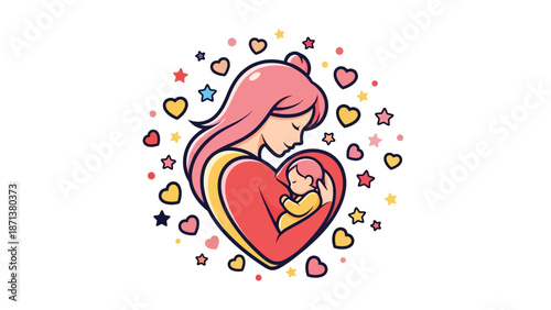 Loving mother embracing baby in heart surrounded by stars and hearts