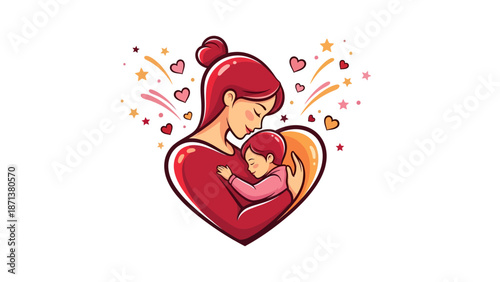 Loving mother embracing her baby in a heart of love and care