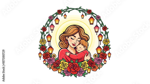 Loving mother embracing her child surrounded by vibrant flowers and lanterns