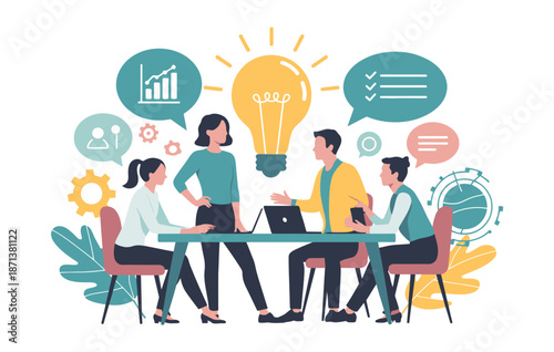 teamwork in research and development department, brainstorming and solving a problem, creative ideas, innovation and strategy, flat minimal vector illustration, isolated for web and digital use.