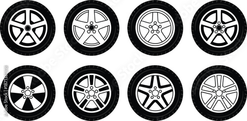 Car wheel and tire illustration set, modern alloy rim designs in black and white, automotive wheel icons collection for vehicle, transport, and auto design projects