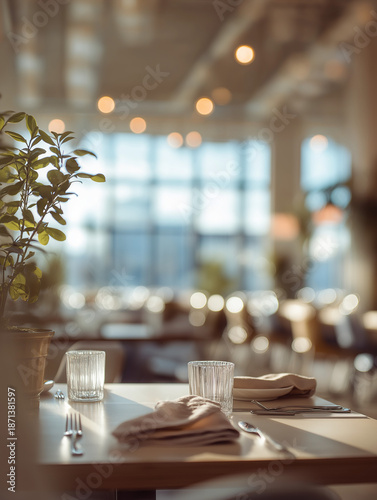 first person view from a healthy meal. in the background is a restaurant. light and white colours