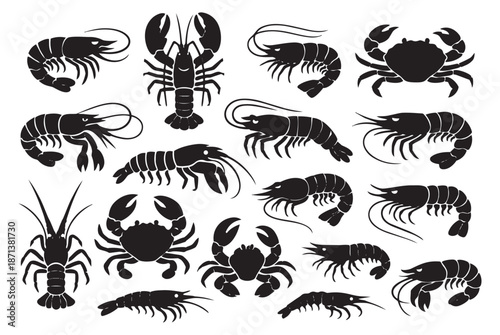 Silhouette seafood set featuring lobsters, crabs, and shrimps for food industry design
