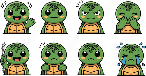 Cute cartoon turtle emoji set with happy sad angry crying expressions kawaii animal character face vector illustration