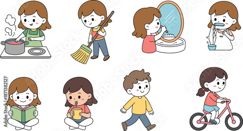 Cute kids daily activities illustration set showing cooking cleaning brushing teeth reading drinking walking cycling lifestyle