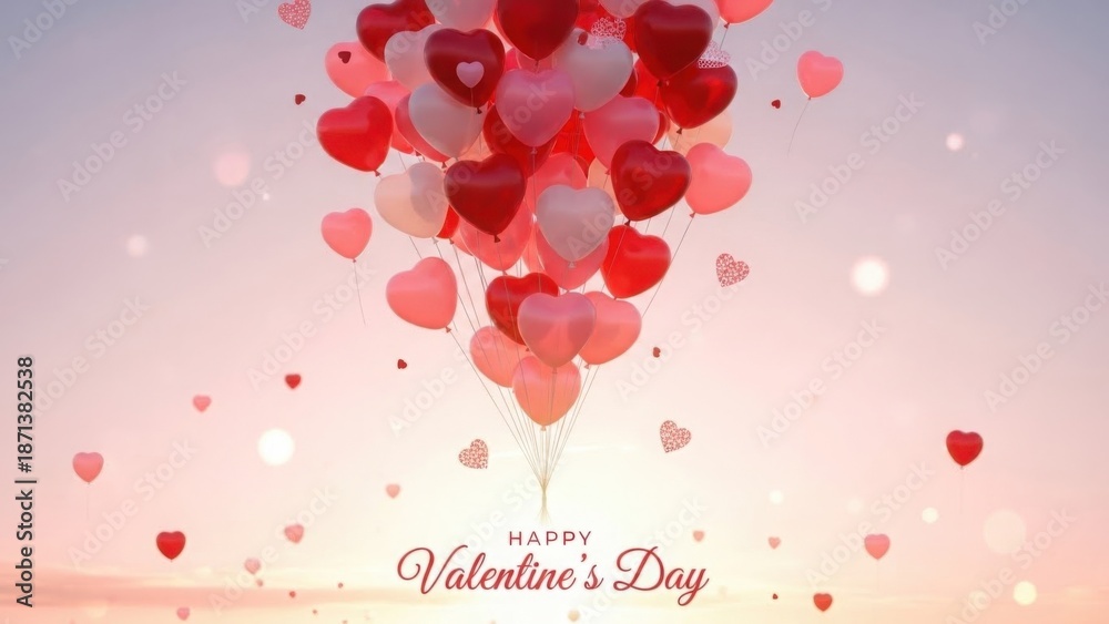 Obraz premium Red and Pink Heart Balloons Floating with Bokeh Lights and 