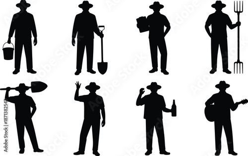 Farmer silhouette set with agricultural tools farming work poses rural worker black shadow people vector illustration collection