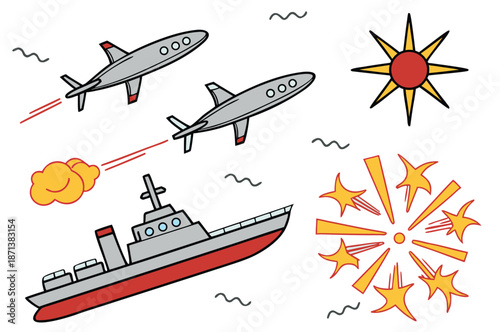 Two Airplanes Rocket Ship Sun and Explosion in Flat Style flat spacecraft