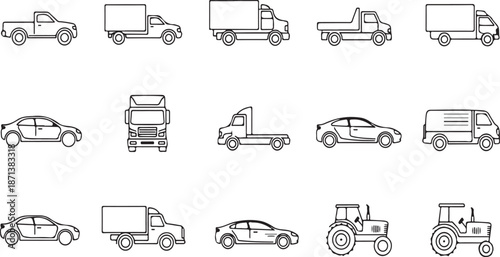 Black and white line of various vehicles trucks cars