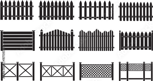 Black and white of various fence gates picket fence